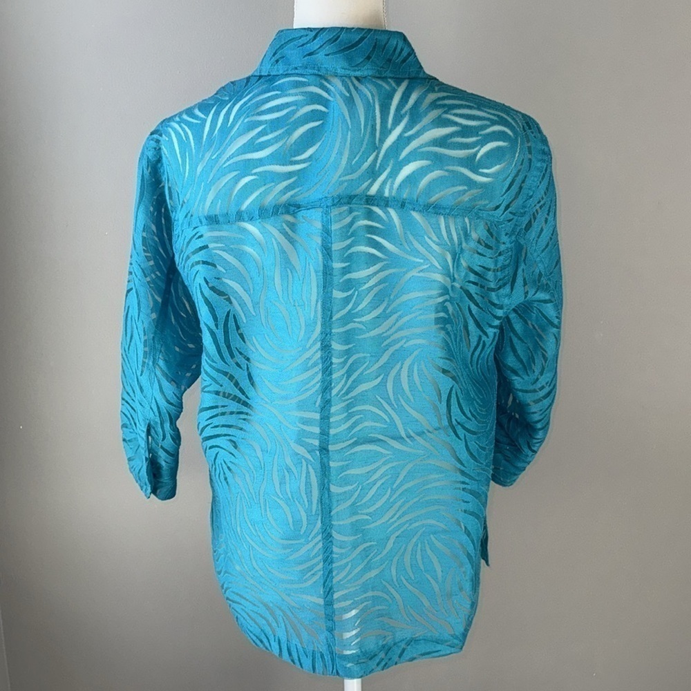 Vintage Mirasol Turquoise Burnout Shirt Flax Blend  Button Up Lightweight Medium - Picture 4 of 9